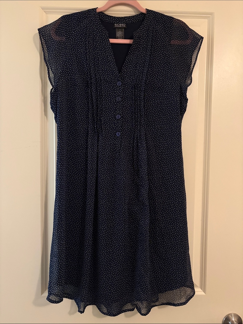 SOHO Navy and White Polka Dot Cap-Sleeve Dress Lined V-Neck Size Small